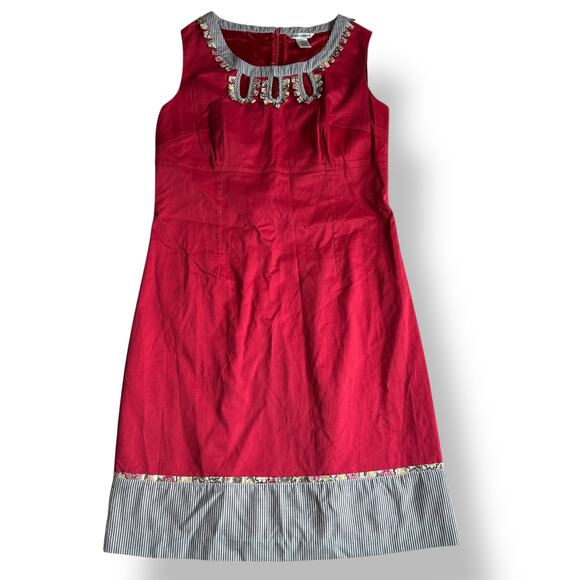 Richard Malcolm Red Cotton Dress Size 8 Embellished Floral Stripe Hem Mod Preppy - Picture 1 of 9